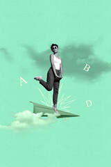 Obraz premium Poster image zine trendy collage of happy girl stand paper plane letters notification networking communication chat message