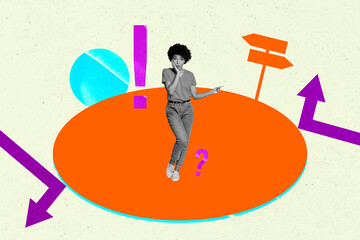 Obraz premium Full 3d image photo art collage of happy businesswoman businessman receive arrow progress career road sign direction exclamation