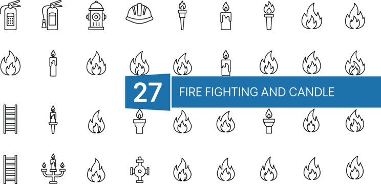 Fire safety and candle flame outline icon set featuring firefighting equipment burning fire symbols and emergency protection