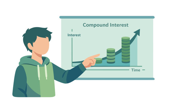 Man pointing at compound interest graph showing financial growth.
