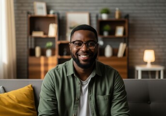 Naklejka premium Happy african american man smiling on sofa at home with a blurred modern living room with a bookshel