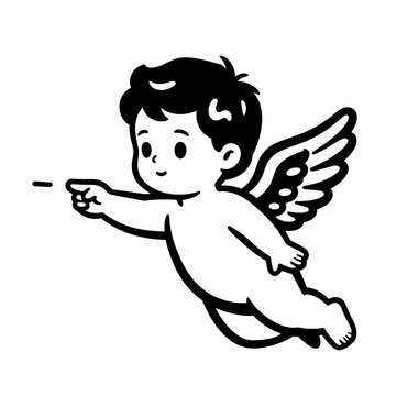 Heavenly White Cherub Baby Angel in Flat Vector Woodcut Style, Ethereal Celestial Child with Wings and Curly Hair, Symbolic Religious Art Graphic Isolated on White, Spiritual Concept of Innocence
