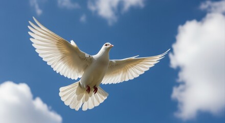 Fototapeta premium Dove in Flight Against a Sky with White Clouds, Symbolizing Hope and Peace
