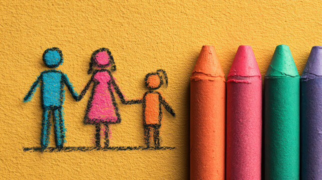 Crayon drawing family together unity love childlike colorful wax art on paper happy bond parents kid holding hand