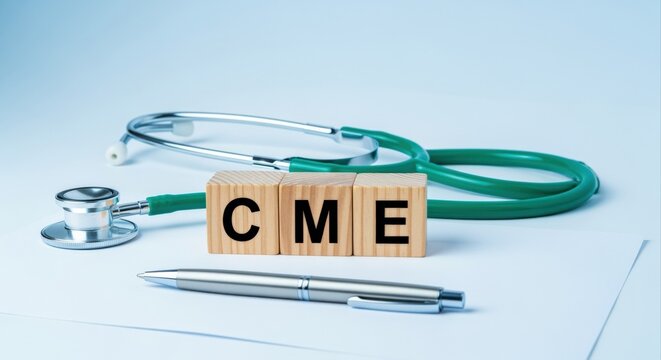 Continuing Medical Education Concept with Stethoscope and Pen on Blue Background in a Clinical Setting