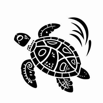 Tribal sea turtle illustration, Polynesian Maori style black vector silhouette of a swimming marine animal, indigenous art concept for summer and nature themes, isolated on white background.