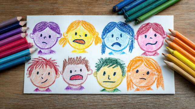 Child drawing face emotion crayon art kids feelings colorful cartoon portrait happy sad angry surprised scared mood childlike doodle expression