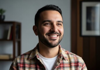 Naklejka premium Happy man with beard smiling and looking away indoors with he is wearing a plaid shirt over a