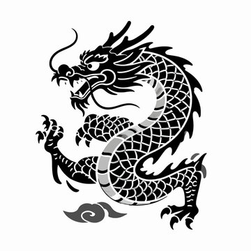 Traditional Japanese dragon vector illustration, minimalist black ink East Asian mythical creature in dynamic pose, isolated on white background, spiritual power concept art for graphic design.