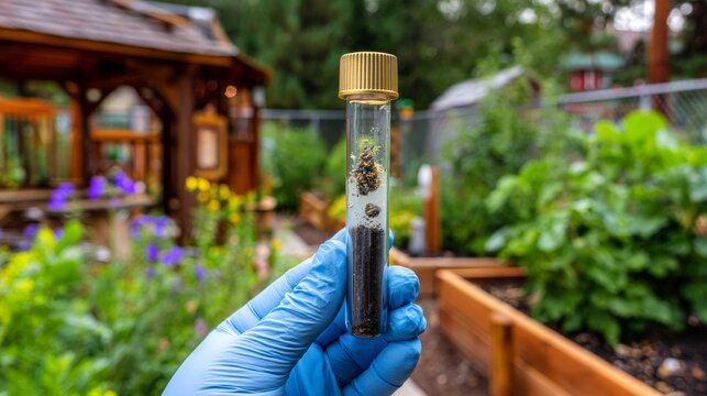 Closeup soil test tube hand glove laboratory science environment plant garden research ecology green analysis growth sustainability experiment organic nature detail precision study
