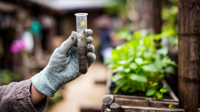 Closeup soil test tube hand glove laboratory science environment plant garden research ecology green analysis growth sustainability experiment organic nature detail precision study
