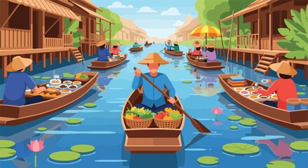 Obraz premium People in wooden boats trading fresh produce on a canal in a sunny village scene