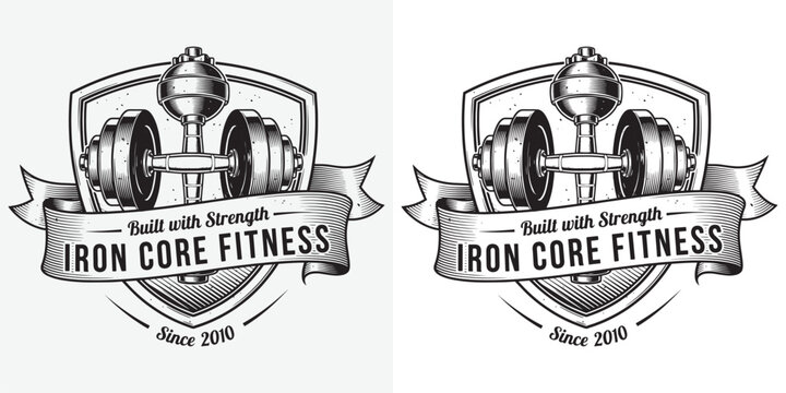 Iron Core Fitness Gym Logo, Heavy Dumbbell and Kettlebell Shield Emblem with Ribbon, Vintage Strongman Style
