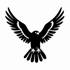 Obraz premium Minimalist Black and White Flat Vector Illustration of a Single Soaring Falcon with Outstretched Wings, Tribal Style Bird of Prey Silhouette Isolated on White Background for Graphic Design