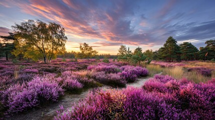 Fototapeta premium Purple Flowers Landscape: A breathtaking shot, a field of vibrant purple flowers stretches toward the horizon under a dramatic, colorful sky. capturing the peace and beauty of the natural world