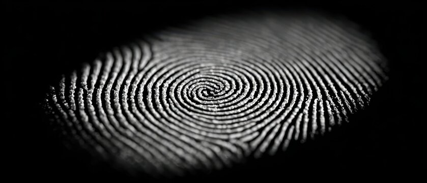 Macro abstrato de impress&atilde;o digital com part&iacute;culas luminosas em fundo escuro, conceito de seguran&ccedil;a biom&eacute;trica