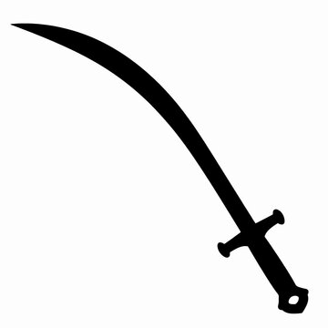 Black Silhouette of a Single Ornate Scimitar Sword, Flat Vector Illustration of a Curved Fantasy Blade with Decorative Hilt for Gaming and Concept Art, Isolated on White Background, Medieval Weapon