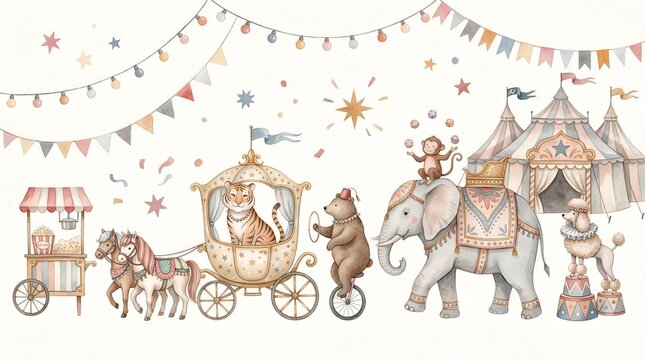 Watercolor Circus Caravan with Tiger Elephant and Performing Animals