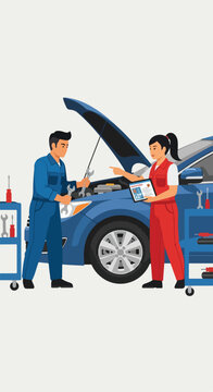 Two mechanics working on a blue car engine with tools in an auto repair shop