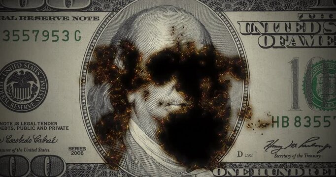 100-dollar bill with smoldering and slowly burning from the glowing edge, a hundred-dollar bill, old usa banknote turning to ash with glowing embers, loop footage