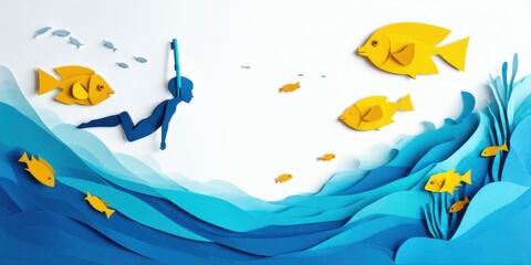 Fototapeta premium Papercraft depicts diver swimming among yellow fish. Blue layers suggest ocean waves, simple design, clean aesthetic.