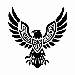 Fototapeta premium Symmetrical flat vector illustration of a single stylized eagle with intricate Polynesian tribal patterns and outspread wings, minimalist black and white predatory bird graphic isolated on white.