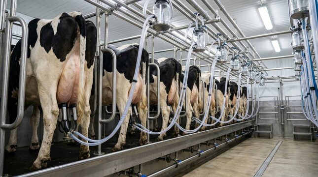 Black and white holstein frisian cows standing in a clean, contemporary milking parlor, with automated machines collecting milk in a dairy production facility