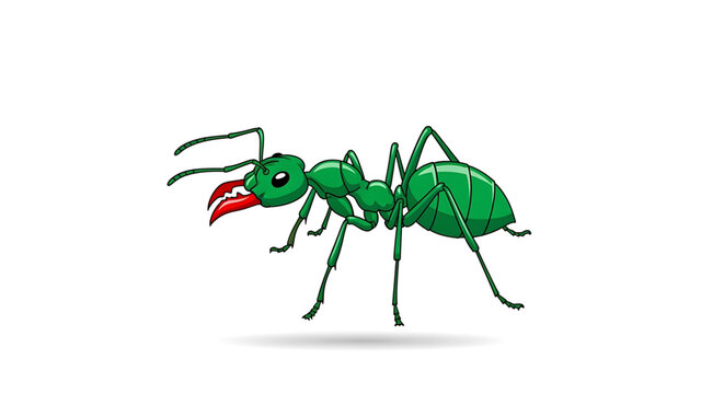 A vibrant green cartoon ant with a red mouth standing on a white background