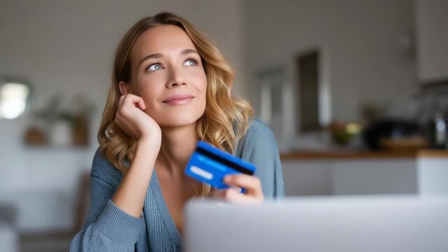 Smiling woman with payment card and laptop in modern home, online shopping and internet banking concept, female customer making digital purchase, personal finance and e commerce