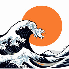 Obraz premium Minimalist Japanese style flat vector illustration of a single crashing ocean wave against a large orange sun, traditional oriental wave art, isolated on white background for graphic design