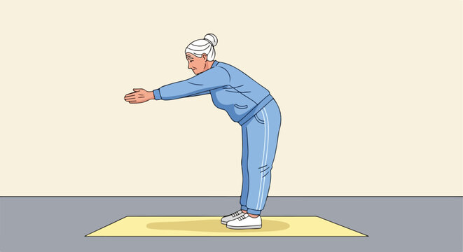 An elderly woman wearing a blue tracksuit performs a standing forward bend yoga