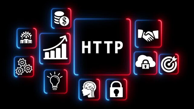 Neon glowing h t p network symbols business technology background