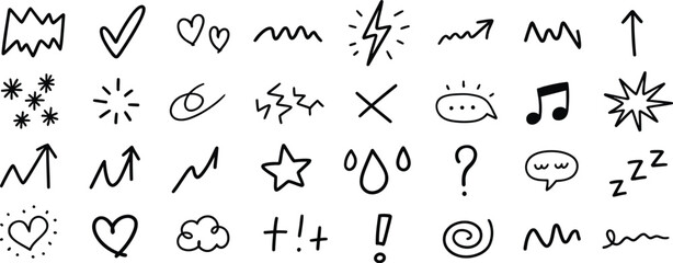 Obraz premium Hand Drawn Line Movement Element Set, Doodle Sketch Icons with Motion Effects, Pencil Brush and Chalk Strokes, Comic Manga Emoji Expressions, Stars Sparkles and Hearts Vector Illustration