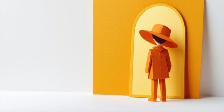 Paper figure stands before orange doorway. Minimalist scene, simple shapes, bright colors, clean aesthetic. Focus on form, light, shadow.