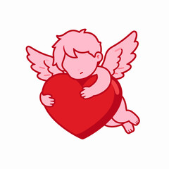 Naklejka premium Flat vector illustration of a single cute White cherub Cupid character sleeping and hugging a large red heart, romantic Valentine's Day concept, isolated on white, peaceful and loving mood.