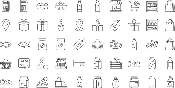 Grocery Retail Line Icon Set Featuring Food Products Shopping Basket Milk Fish Gifts and Store Symbols