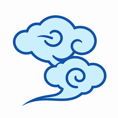 Fototapeta premium Minimalist flat vector illustration of a single stylized blue oriental cloud with traditional spiral patterns, isolated on a white background, representing peace and nature in East Asian art.