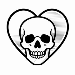 Obraz premium Edgy Flat Vector Illustration of a Human Skull inside a Heart Shape, Gothic Minimalist Line Art Icon for Romantic or Dark Concepts, Isolated on White Background, Symbolizing Eternal Love and Mortality