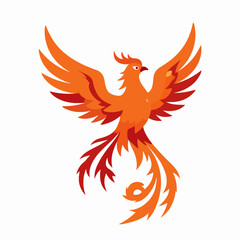 Naklejka premium Minimalist flat vector illustration of a single rising phoenix bird with flame wings, symbolic of rebirth and strength, featuring vibrant orange and red tones, isolated on white background.