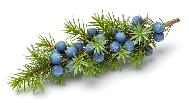 Fresh Juniper Branch with Blue Berries and Green Needles on White Background