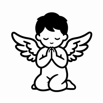 Serene White Baby Angel Kneeling in Prayer, Spiritual Flat Vector Illustration of a Holy Child with Wings, Minimalist Black and White Religious Graphic Isolated on White Background, Peaceful Mood