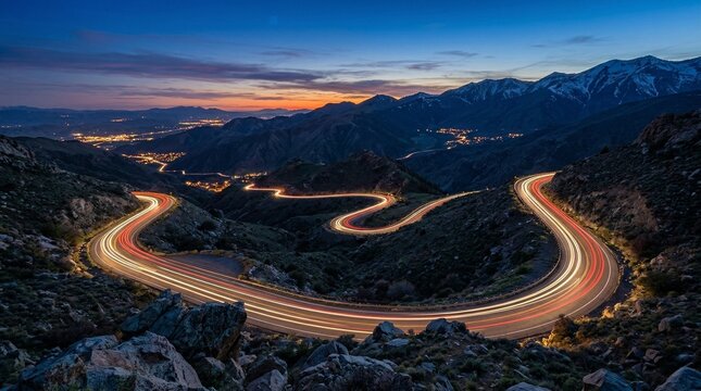 Long exposure mountain pass with vehicle streaks in blue hour