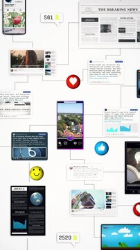 Abstract composition of social media posts, icons, and user interfaces connected across a digital network, representing online engagement, communication flow, and interactive content ecosystems.