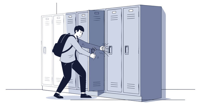 A student wearing a backpack uses a small tool to force open a metal locker door