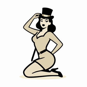 Vintage Pin-up Woman in Circus Ringmaster Outfit and Top Hat, Retro Style Flat Vector Illustration of an Adult Caucasian Female Performer, Elegant Minimalist Graphic Isolated on White.