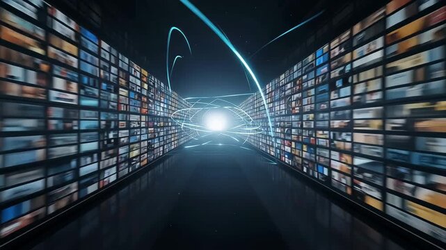 無数のスクリーンが収束するデータ回廊、中心光に軌跡が交差する