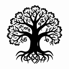 Obraz premium Symmetrical Flat Vector Illustration of a Single Celtic Tree of Life with Intricate Branches and Roots, Minimalist Black and White Nature Concept for Spiritual and Cultural Design