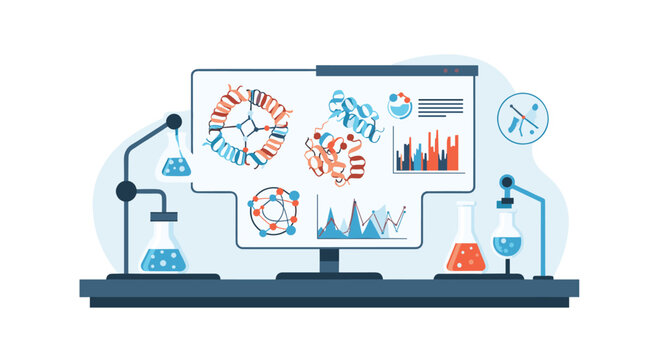 A laboratory setup shows a monitor displaying molecular structures and graphs, flanked by beakers and flasks with colorful liquids.