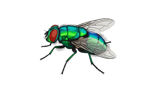 A colorful vector illustration of a green fly with red eyes on a white background