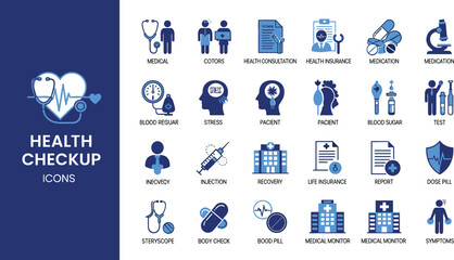 Fototapeta premium Health checkup and medical icon set in flat style featuring patient monitoring diagnosis insurance tests and healthcare service concepts